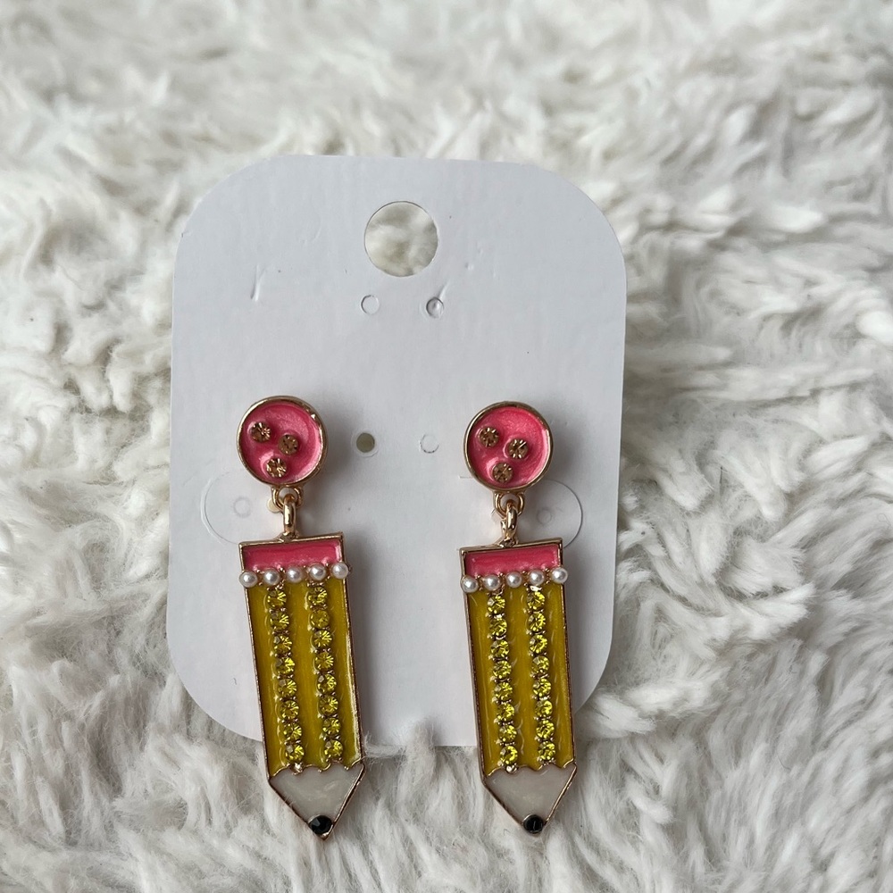 Pearl Pencil Design Teacher Drop Earrings